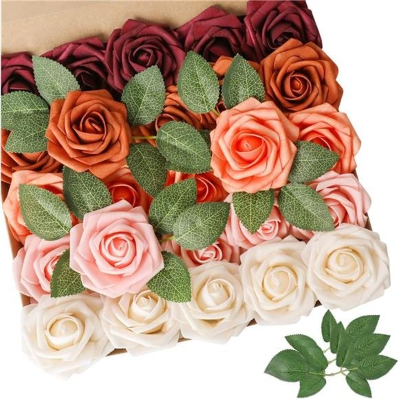 Artificial Flower Shades of Burgundy Rose 25pcs Real Looking Fake Roses w/Stem - Picture 1 of 6